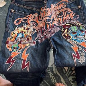 Christian Audigier Dark Blue Jeans with Colorful Embroidery